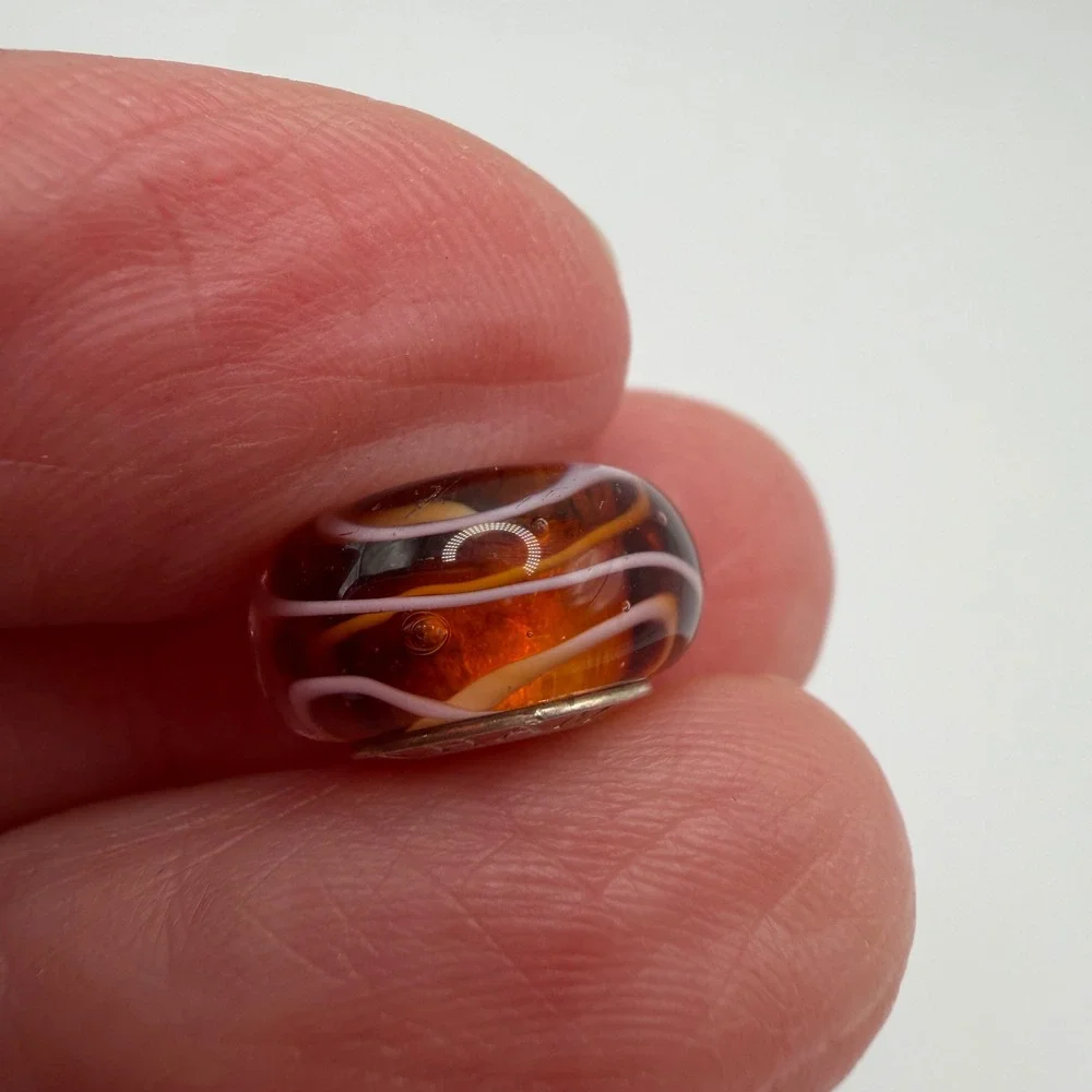 Chamilia 925‎ Sterling Silver Amber Murano Glass Swirl Stripe Charm Bead